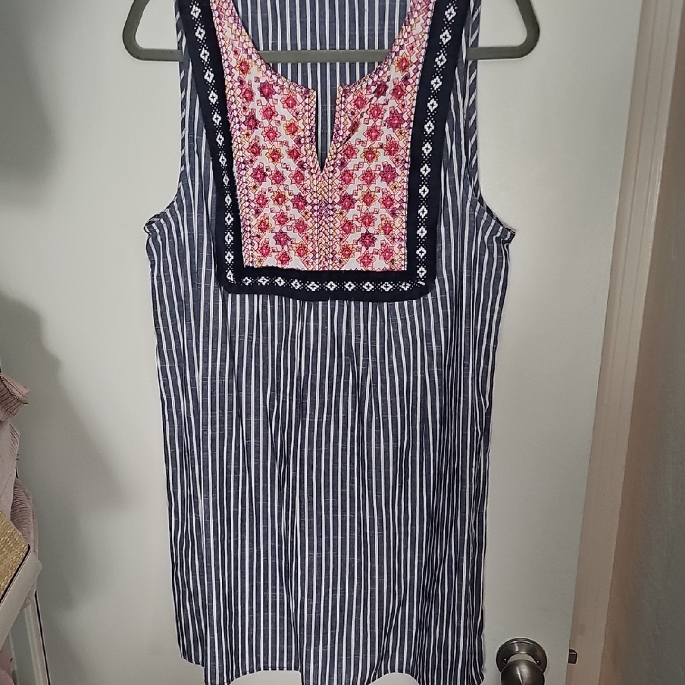 Entro Navy and White Striped Blouse with Pink Embroidery - Picture 2 of 6